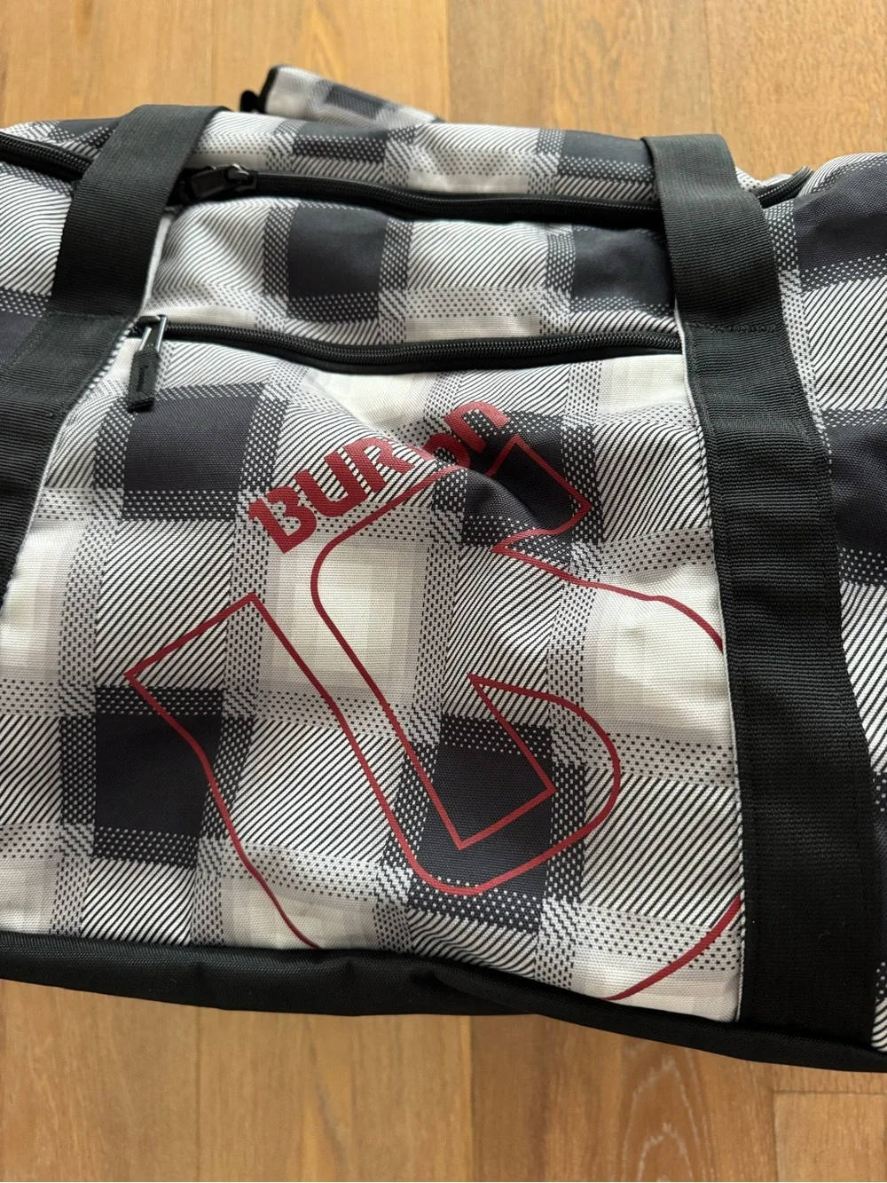 Burton Boothaus Gray & White Plaid Duffel Bag with Red Logo